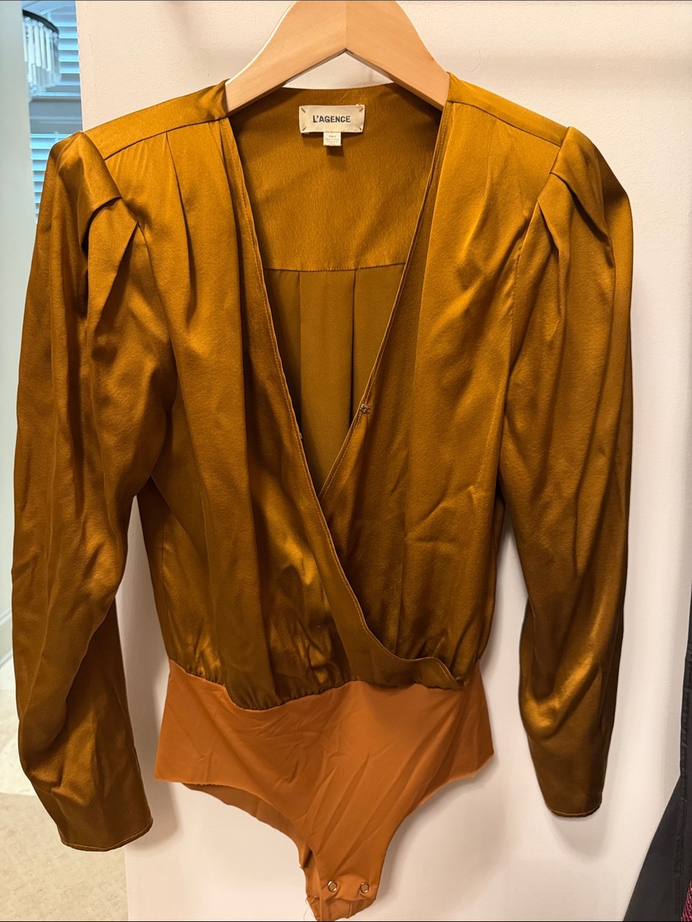 L'AGENCE Metallic Mustard Gold Long-Sleeve Wrap Bodysuit